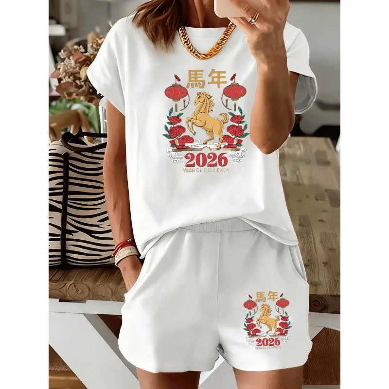 

2026 Lantern and Horse Print Short-Sleeve and Shorts Set - New Festive Style Casual Home Two-Piece Set