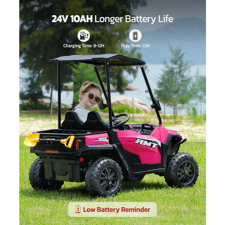 รถยนต์ของเล่นเด็กขนาดใหญ่ 24V, รถยนต์เด็กนั่งได้ 2 ที่นั่ง พร้อมหลังคาบังแดด, กระบะท้ายแบบยกได้และพลั่ว, ความเร็ว 4.5 ไมล์ต่อชั่วโมง, รถยนต์ไฟฟ้าขับเคลื่อน 4 ล้อสำหรับเด็ก, รถยนต์แบตเตอรี่พร้อมรีโมท