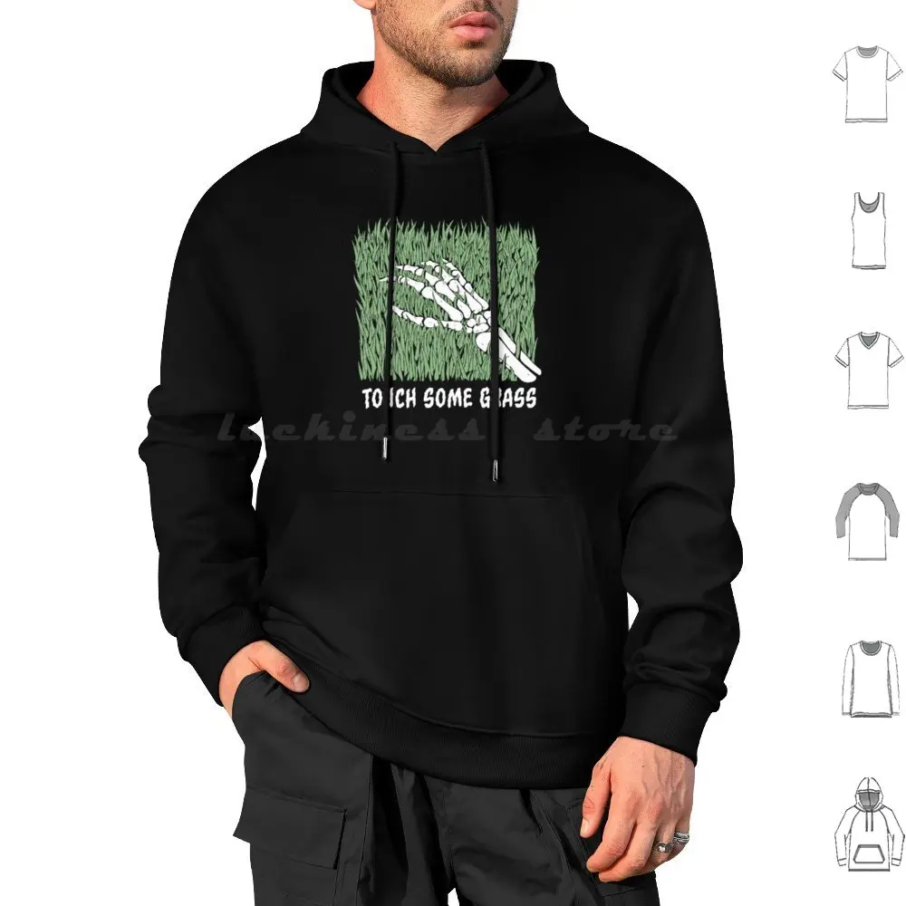 Touch Some Grass Hoodies Long Sleeve Emo Gamer Geeky Goth Grass Funny Meme Scene Skater Skeleton Skull Spooky Touch