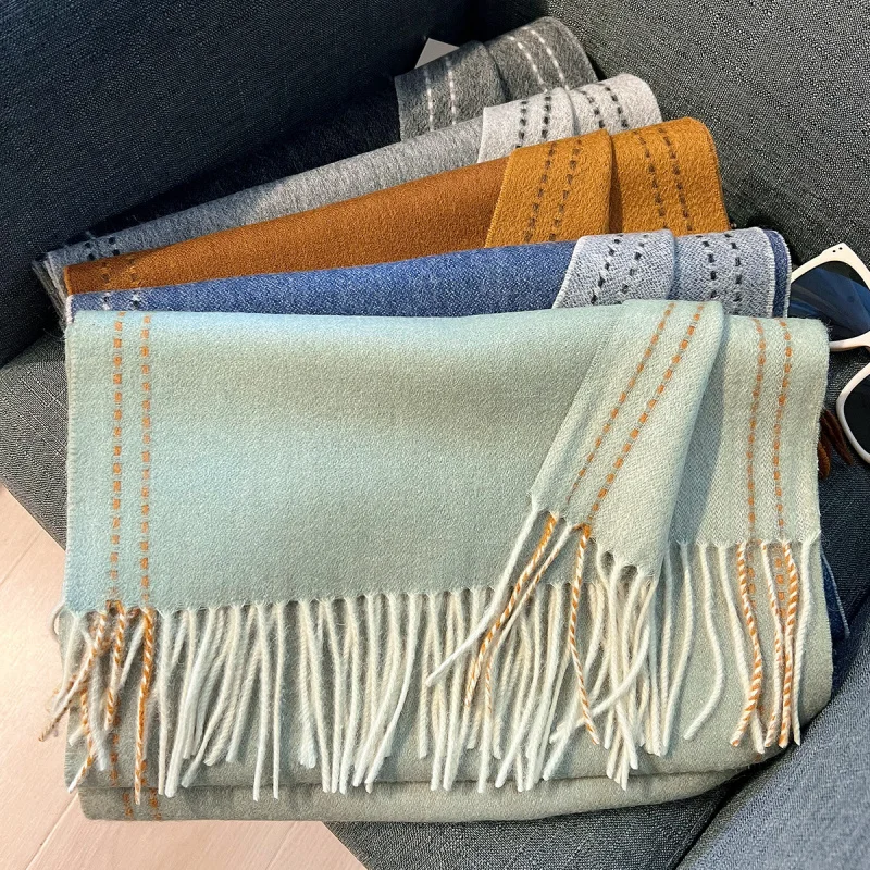 

%Wool Scarf Solid Color Stitching Design Double-Sided Cashmere Shawl Winter Thickened Fashionable Warm High-End Neck Warmer