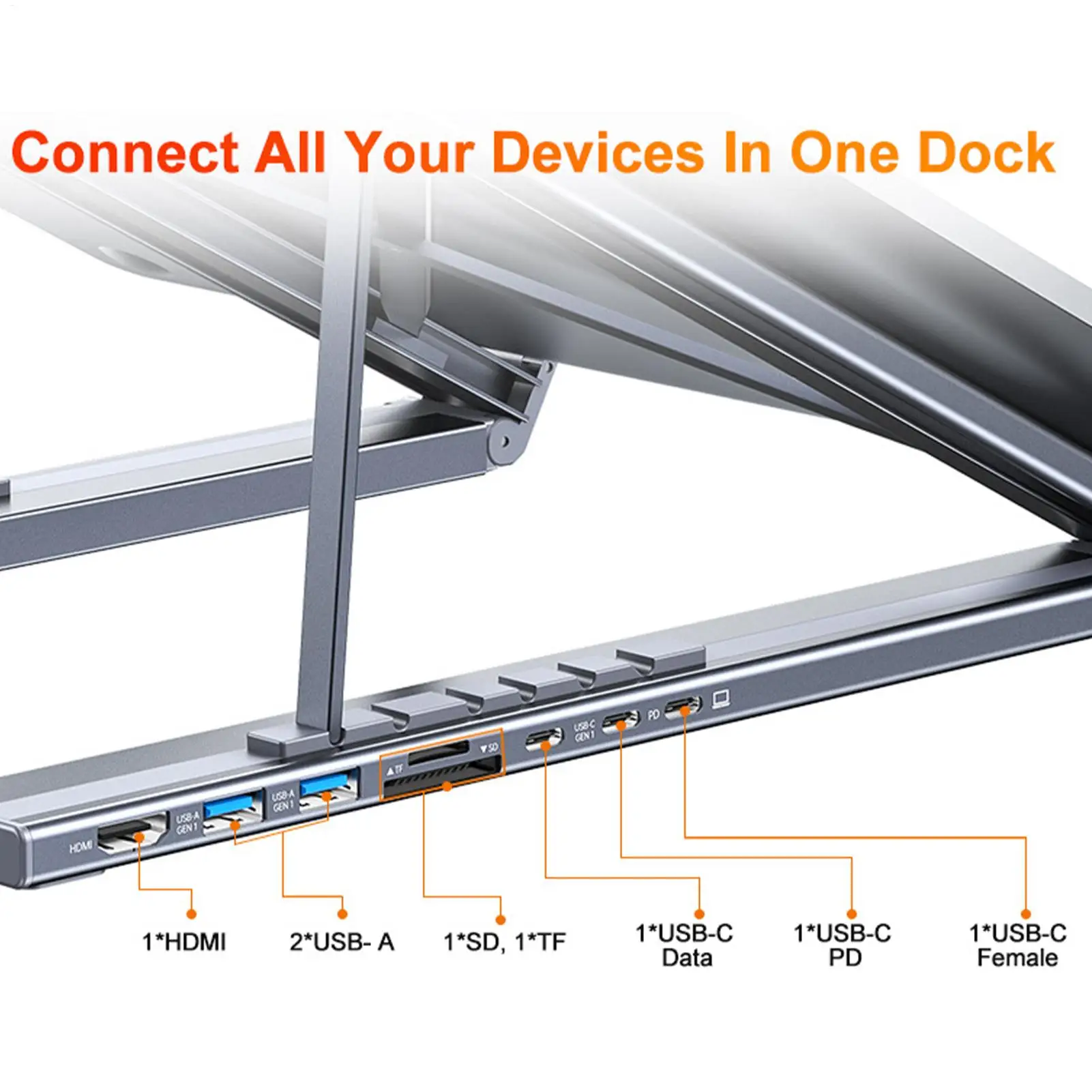 Подставка для ноутбука с док-станцией Регулируемая высота Подставка для планшета Многопортовый адаптер 8-в-1 Быстрая зарядка Охлаждающая подставка Эргономичная