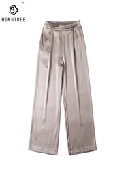 Birdtree 95%Real Silk Pants Wide Leg Pants Women Clothes Summer New Heavyweight Satin Silk Straight Trousers B37013QD