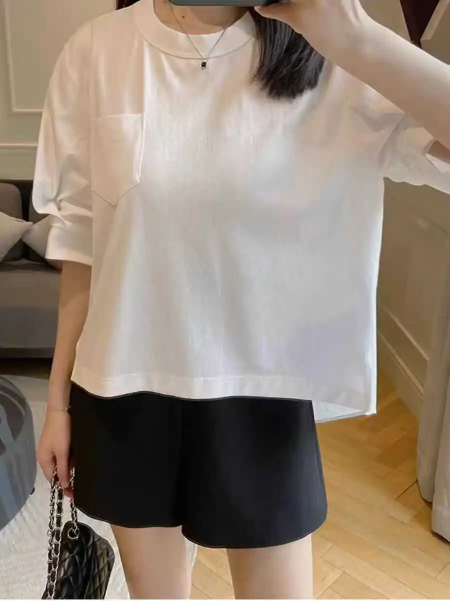 الضباب SACAI 2024 جديد فقاعة Sve المرقعة irt Sle تي شيرت ort Sve المرأة قمة عادية فضفاضة تناسب ملابس الصيف القطن