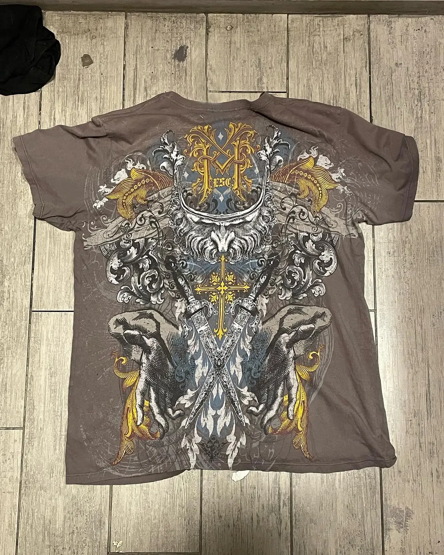 2000s Affliction Khaki Men's Shirt Graphic Print Oversized T-shirt Men's New T-shirt with short sleeves and cotton