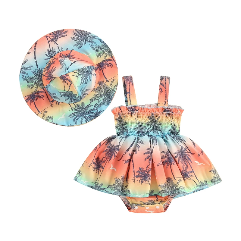 

Baby Girl Summer Jumpsuit Tree Print Gradient Sleeveless Romper Dress and Sun Hat Set Cute Fashion Clothes Outfits