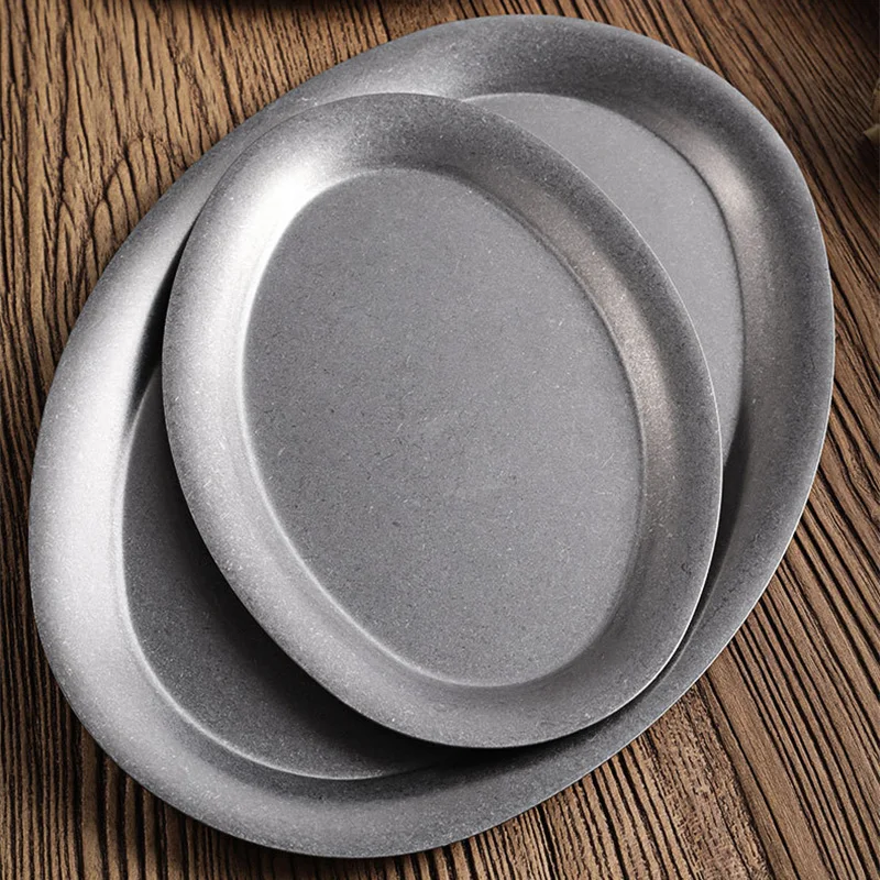 1 Pcs Japanese Vintage Oval  304 Stainless Steel Restaurant Plate Dessert Tray Kitchen Tableware