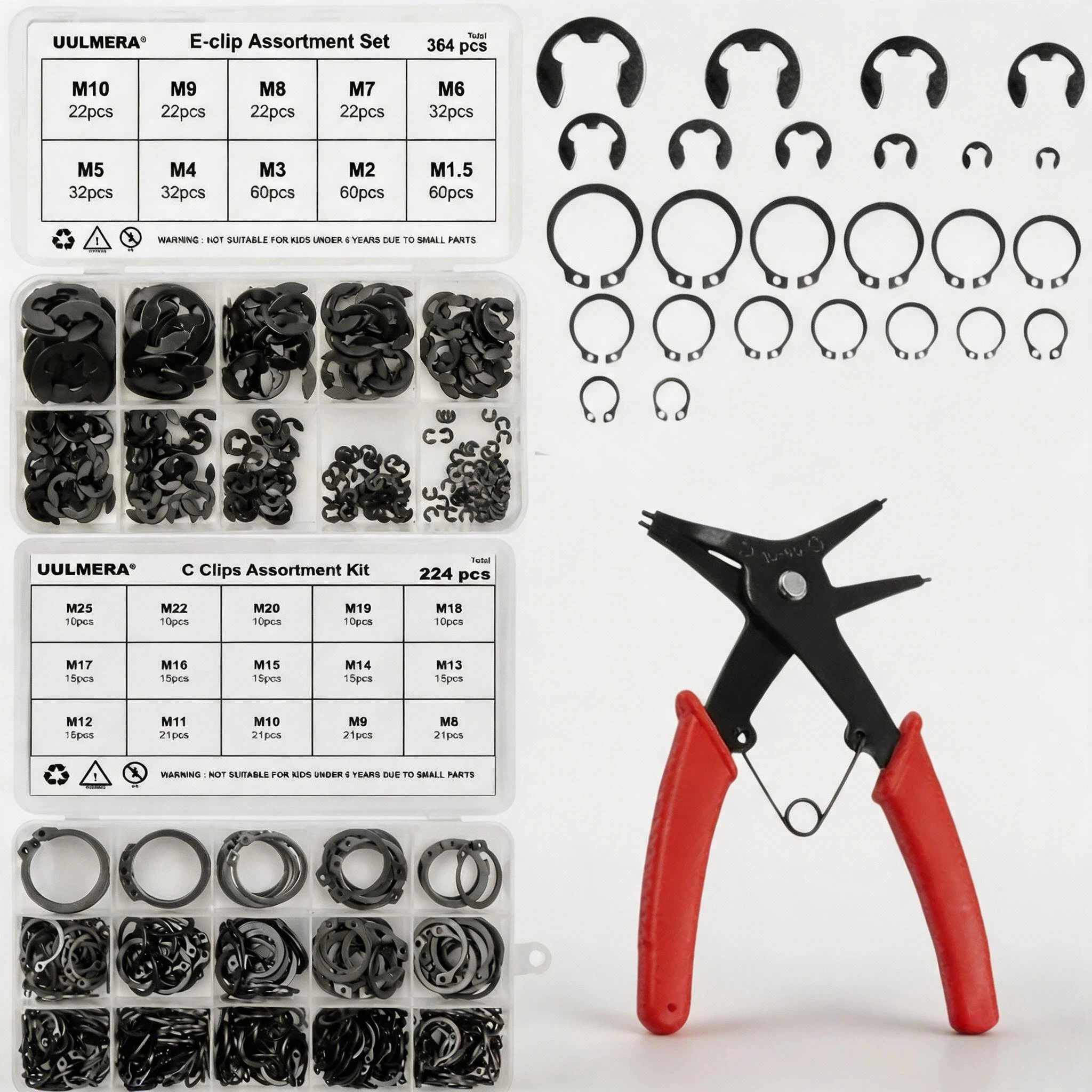 Black Alloy Steel 364pcs E-Clips and 224pcs C Clips External Circlip Set Snap Ring Retaining Ring for Shaft Bearing Hardware
