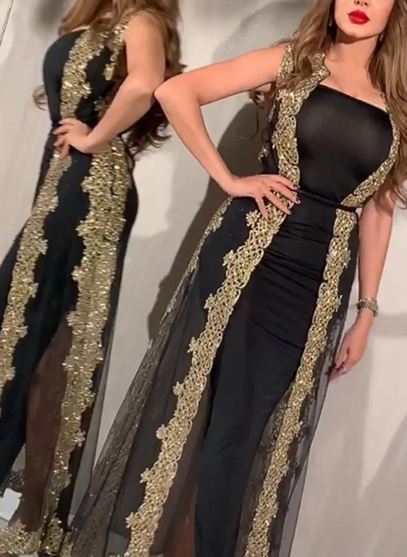 Vestidos de Noche elegantes de lentejuelas para mujer, conjunto de dos piezas con chal de hilo negro de lujo, a la moda de Oriente Medio