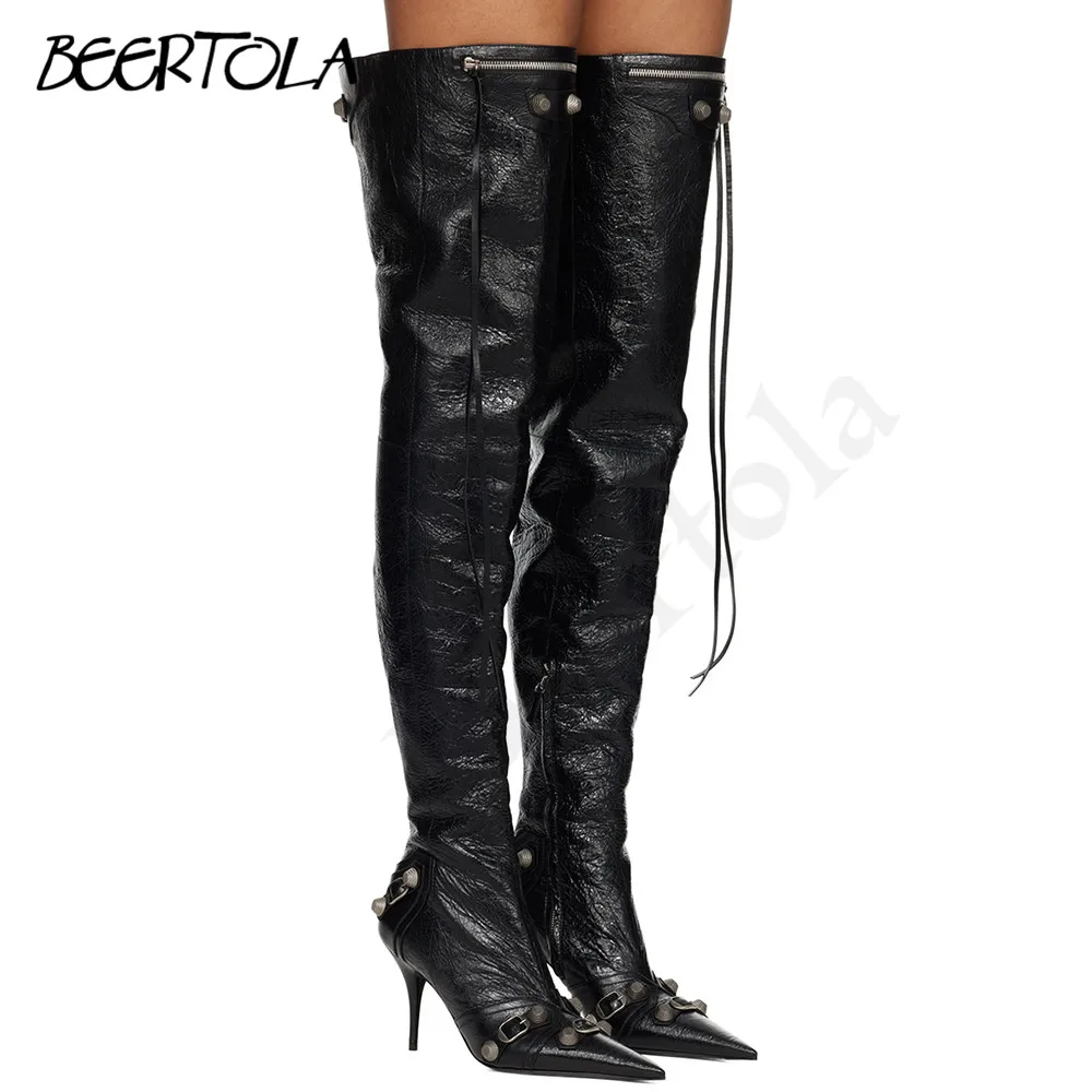 

Women's Pointed Rivet Sexy Boots Stilettos Side Zipper Belt Buckle Large Size Over The Knee Boots Fashion Show Party High Heels