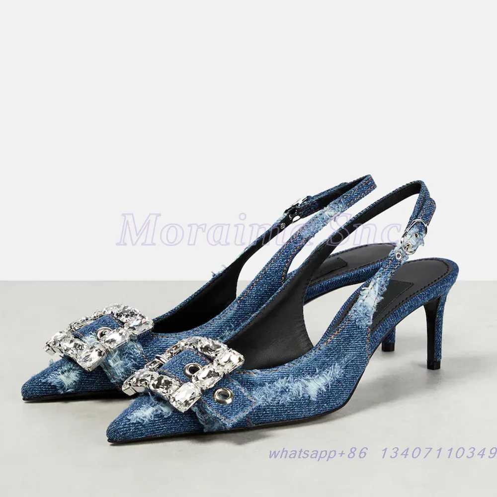 

Crystal Buckle Decor Denim Sandals Pointed Toe Slingback Slip On Stiletto High Heel Sexy Fashion Dress Shoes for Women Summer