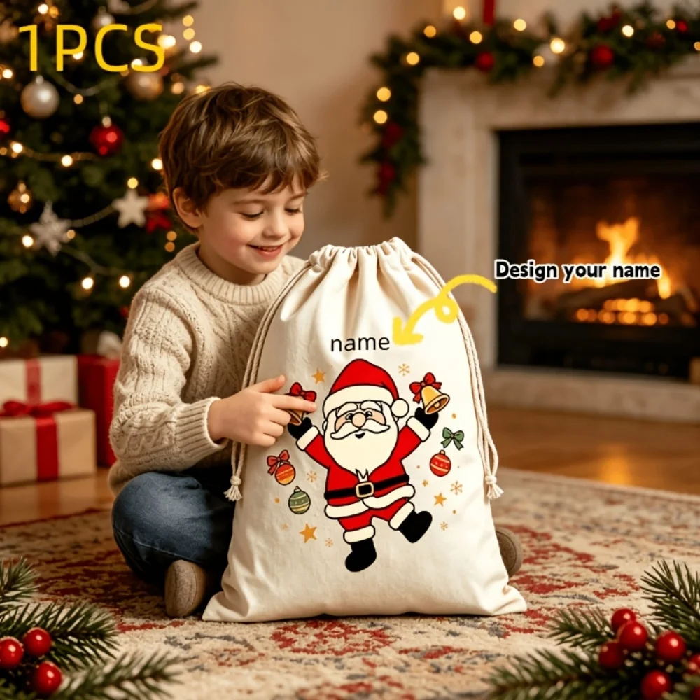 1Pc Christmas Theme Custom Text/Name Imitation Hemp Gift Bag,Santa Claus Drawstring Closure Design Storage Pouch,Party Candy Bag