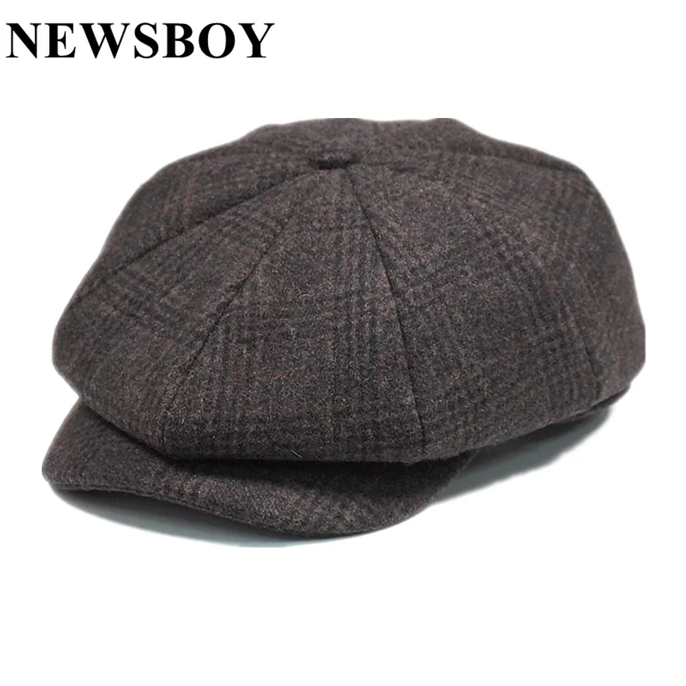 NEWSBOY Wool Men Hat Tweed Plaid Newsboy Cap British Style Brand Flat Cap Woolen Octagonal Hat Autumn Winter Male Beret