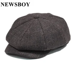 NEWSBOY 남성용 양모 모자 트위드 격자 무늬 뉴스보이 모자, 영국 스타일 브랜드 플랫 캡, 모직 팔각형 모자, 가을 겨울 남성 베레모