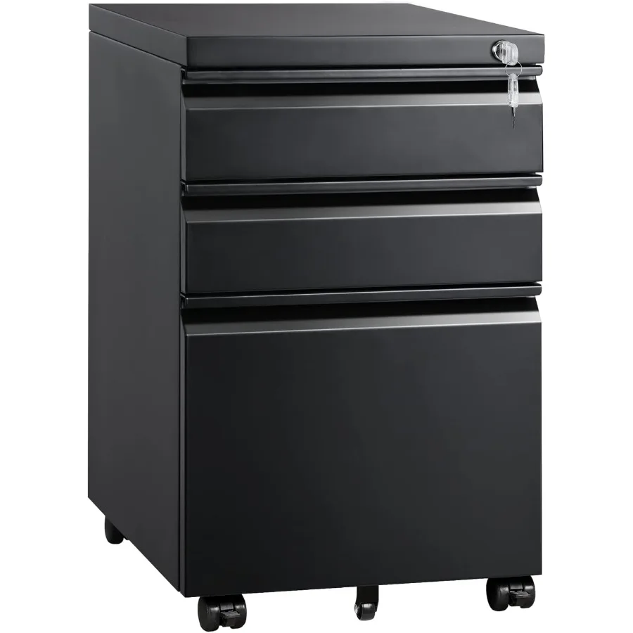 3 Drawer Mobile File Cabinet with Lock, Under Desk Metal Filing Cabinet for Home Office/Legal/Letter/A4 File, Fully Assembled E