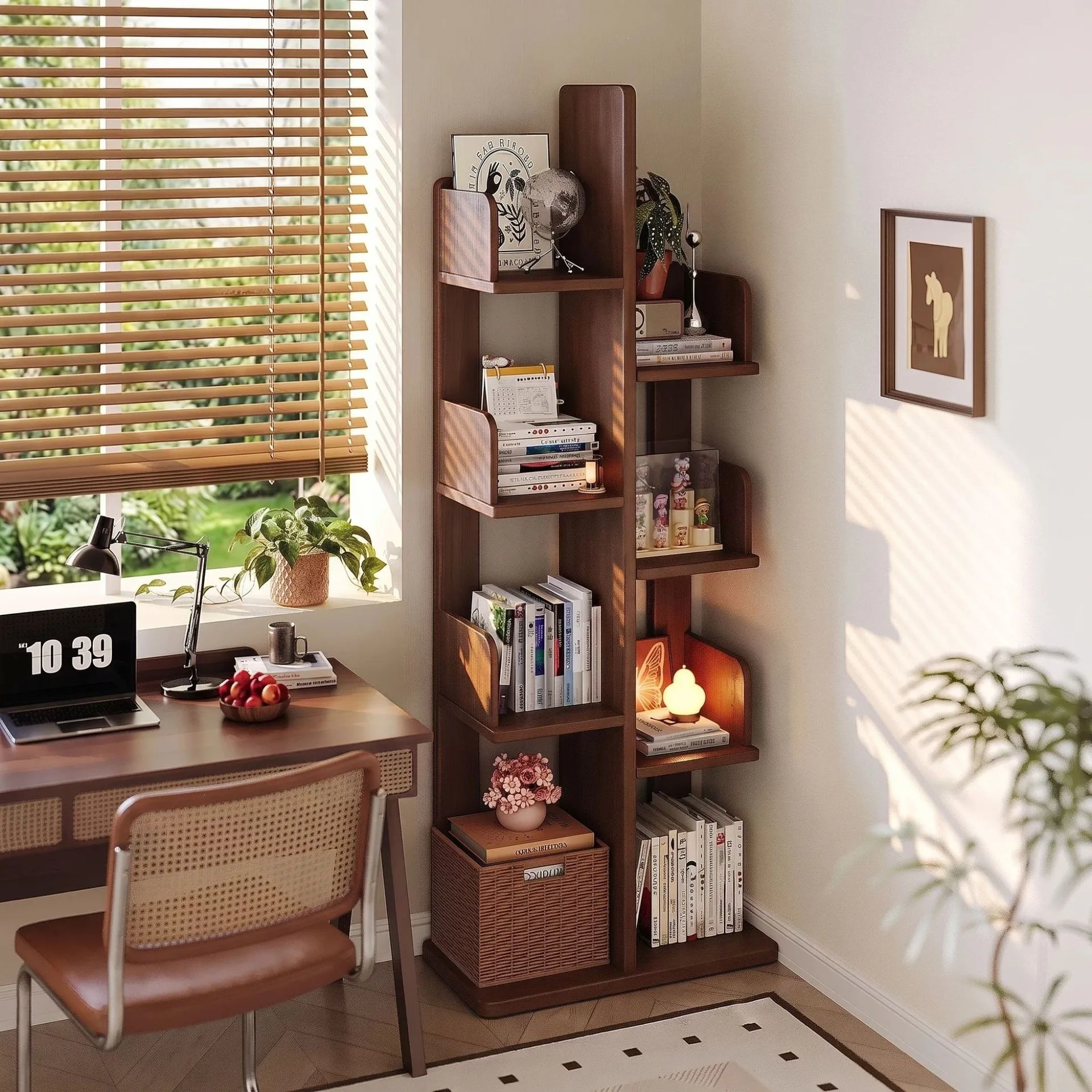 Solid wood cactus tree-shaped bookshelf Floor-to-ceiling shelf integrated against the wall Children's small bookcase Corner