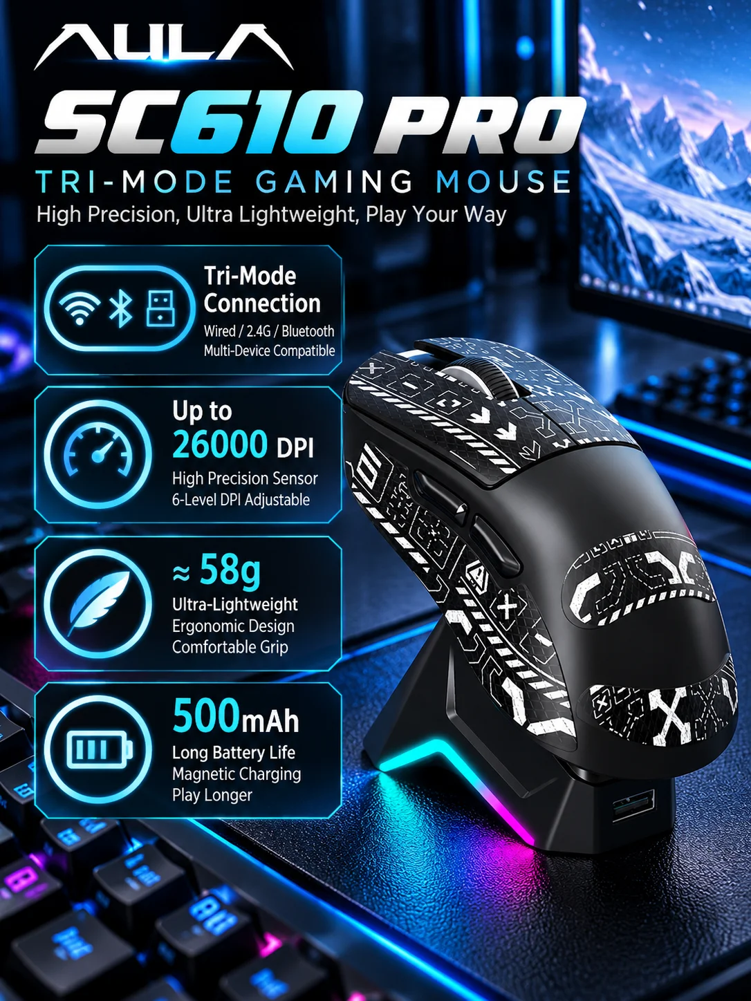 AULA SC610 Pro Wireless Gaming Mouse PAW3395 26000DPI Tri Mode 2.4G Bluetooth USB-C 1000Hz RGB Charging Dock