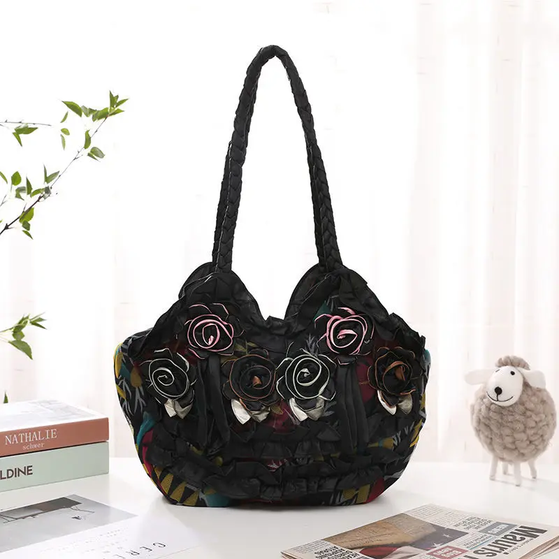 Large Capacity Women Shoulder Bag New Women Handbag Three-Dimensional Flower Bag Han Chinese Clothing Bag Silk Cloth Bag