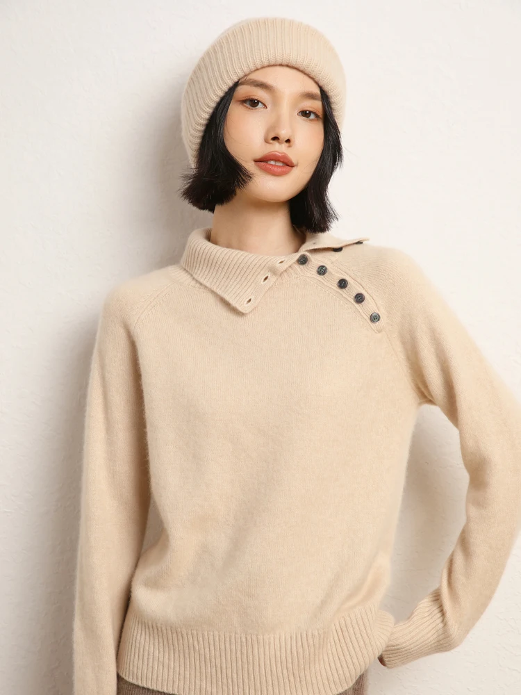 

Autumn Winter 100% Cashmere Sweater Women Turn-Down Collar Pullover Long Sleeve Knitwear Korean Popular Soft Luxury New Tops