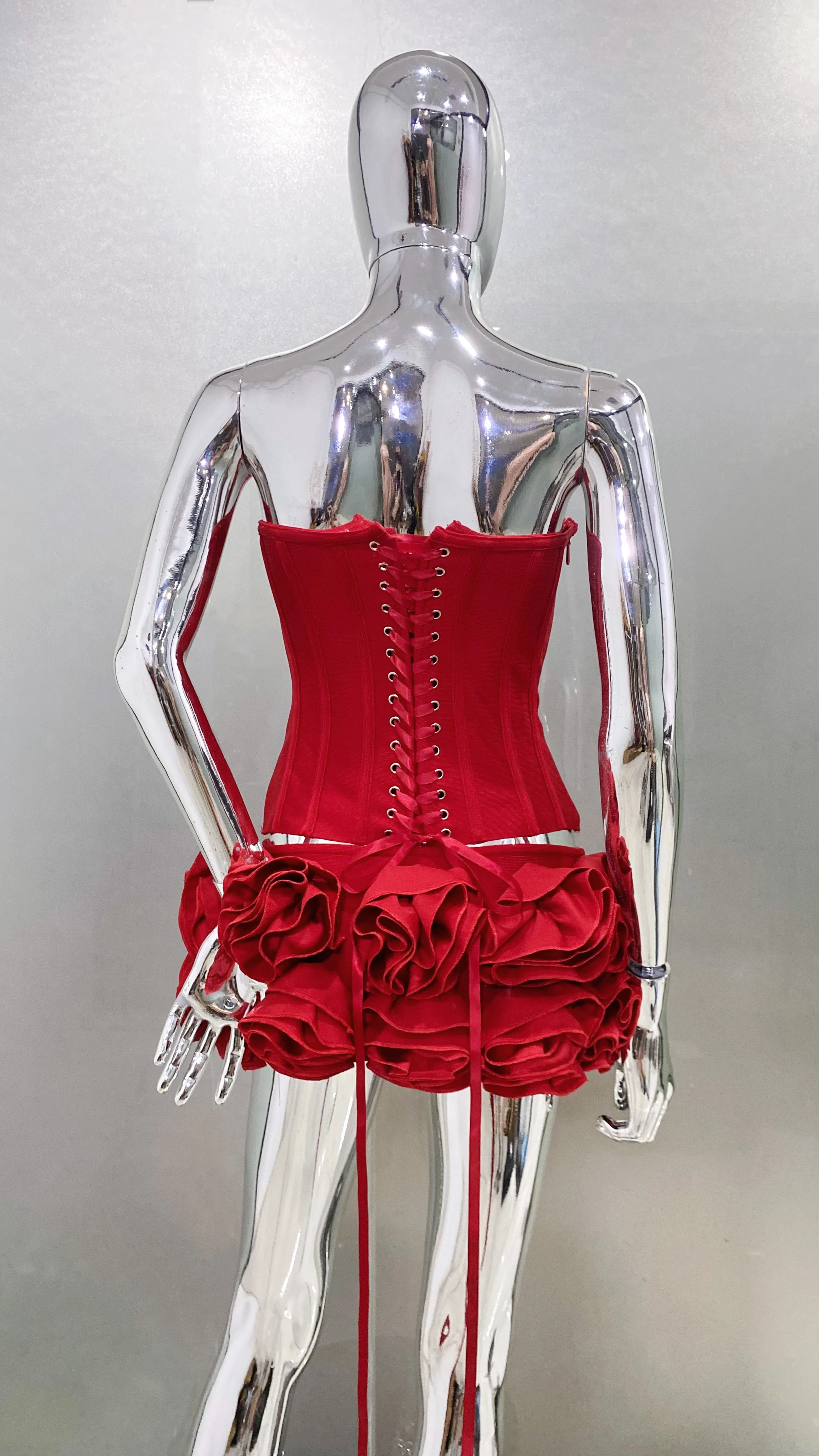 2024 Red color Back Lacing Body shaping Strapless Top And Stereoscopic Flowers Mini Skirt 2 pieces Woman Birthday Party Dress