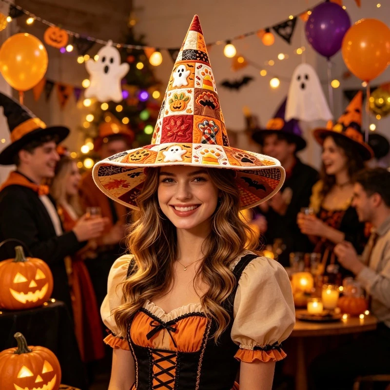 Customization Halloween Patchwork Quilted Witch Hat, Wizard Hat With, Pumpkin, Maple Leaf, Bat And Spider Web Patterns
