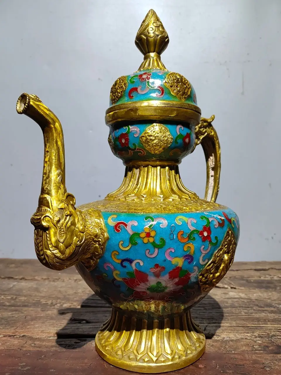 

14"Tibetan Temple Collection Old Bronze Cloisonne Enamel Floral Texture Dragon handle Da Cang Pot flagon Ornament Town house