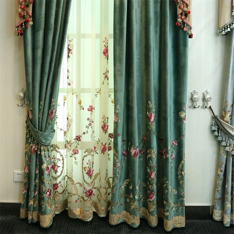 

Luxurious Green Velvet Curtains with Embroidered Floral for Living Room Bedroom Rose Tulle Sheer Window Treatment