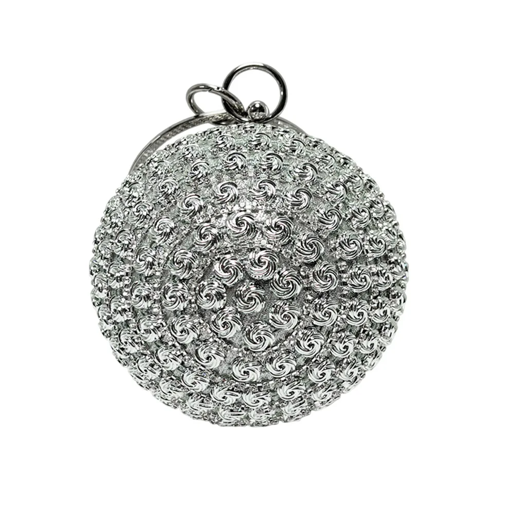 Silver Spiral Swirl Full Rhinestone Round Ball Ring Handle Clutch Luxury Unique Sparkling Evening Purse For Mature Women Wedding