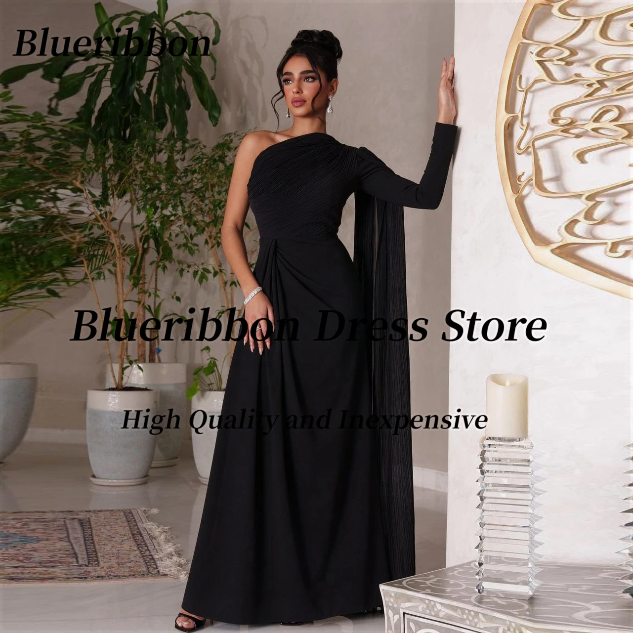 

Blueribbon Chic Ladies Wear Black One Shoulder Evening Dresses Long Sleeve Flutters Prom Dress Ruched Wedding Guest Wear Vestido