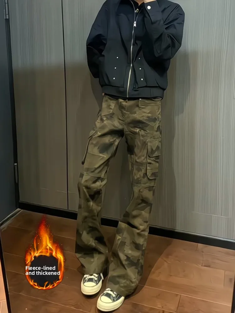 

Ретро-американские камуфляжные рабочие брюки, мужские джинсы-клеш слим-фит с высокой талией, на молнии, повседневные, износостойкие