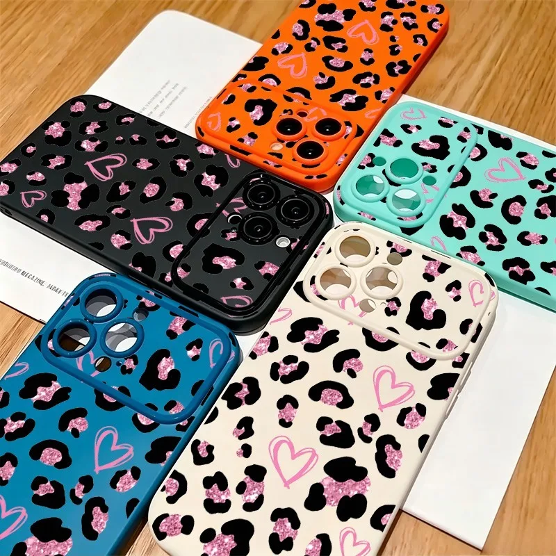 Coque de téléphone rose mignonne à imprimé léopard en forme de cœur pour iPhone 17 16 15 14 13 12 11 Pro Max Plus, en TPU souple antichoc