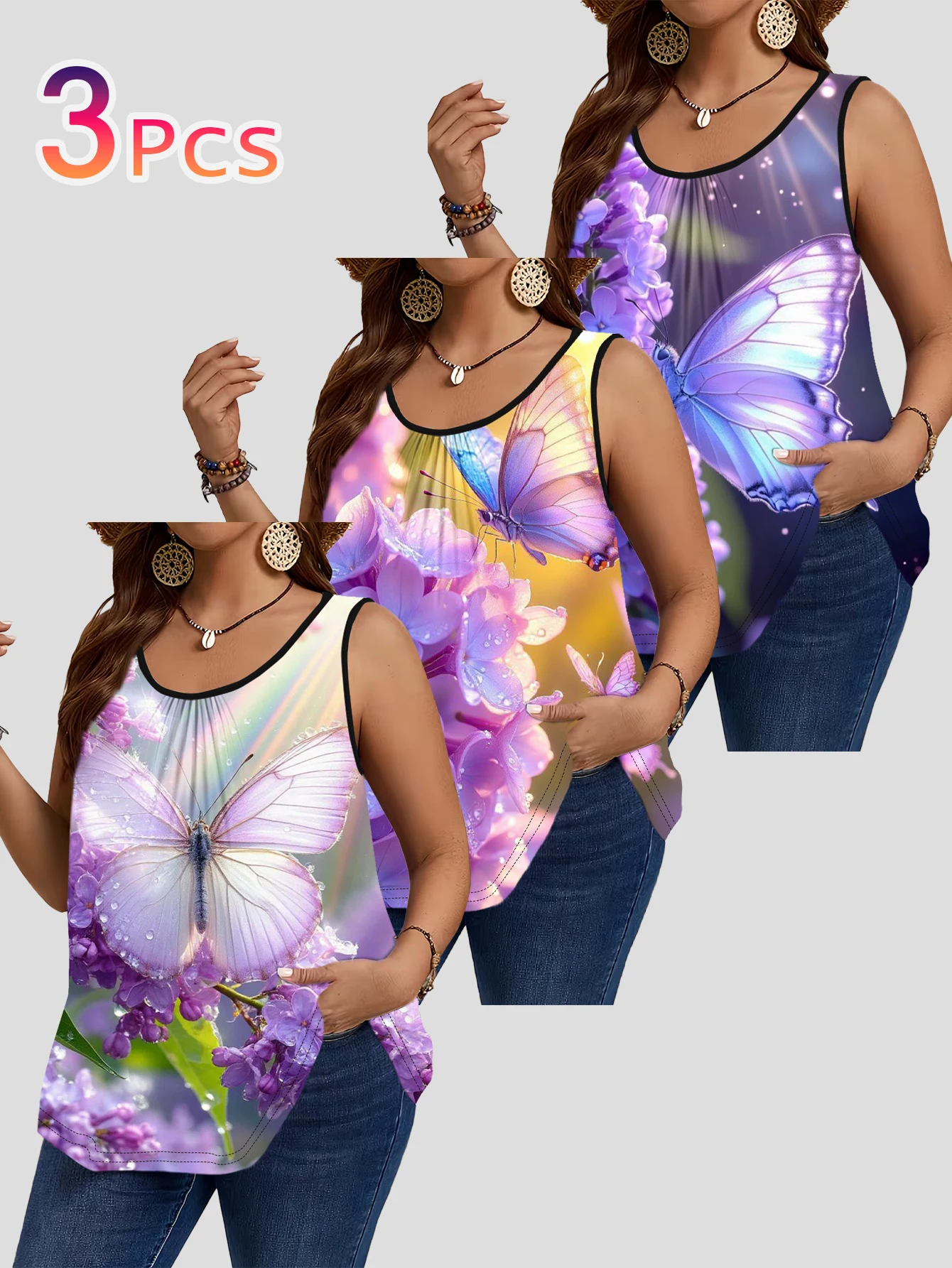 3-Piece Set of Plus-Size Women's Vests, Lilac Iridescent Butterfly Print Loose Sleeveless Tops