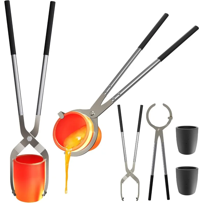 Crucible Tongs Set with 2 Graphite Crucibles, Lifting and Tipping Tongs for Jewelers Metal Foundry Smelting