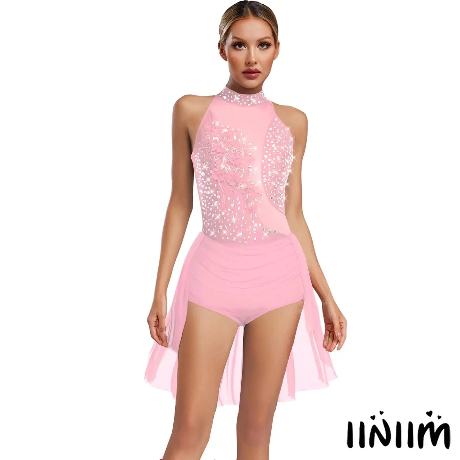 

Womens Sexy Rhinestone Latin Dance Bodysuit Round Neck Irregular Skirted Hollow-Out Back for Chacha Gymnastics Stage Performance