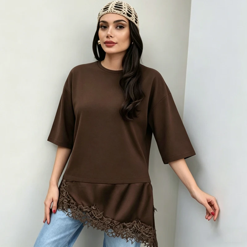 HXAO Braunes Spitzen-T-Shirt-Oberteil für Damen, Sommer, kurzärmelig, langes Damen-T-Shirt, asymmetrisch, locker, schwarz, cremefarben, Damen-T-Shirts – Detail 17