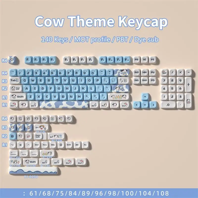 JCM MOA Profile PBT Keycaps 140 Keys Cow Theme White Blue Keycap Drunk Deer A75 for Mechanical Gaming Keyboard