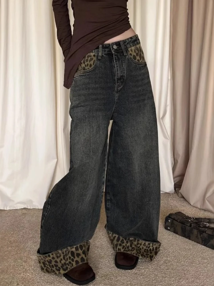 2025 American Retro Y2K Patchwork Denim Pants Women Leopard Print Trousers Oversized Wide Leg Casual Streetwear Jeans Versatile