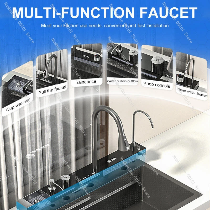 Discount Luxury Anti-Scratch LED Digital Display Waterfall Kitchen Sink with Cup Washer and Soap Dispenser