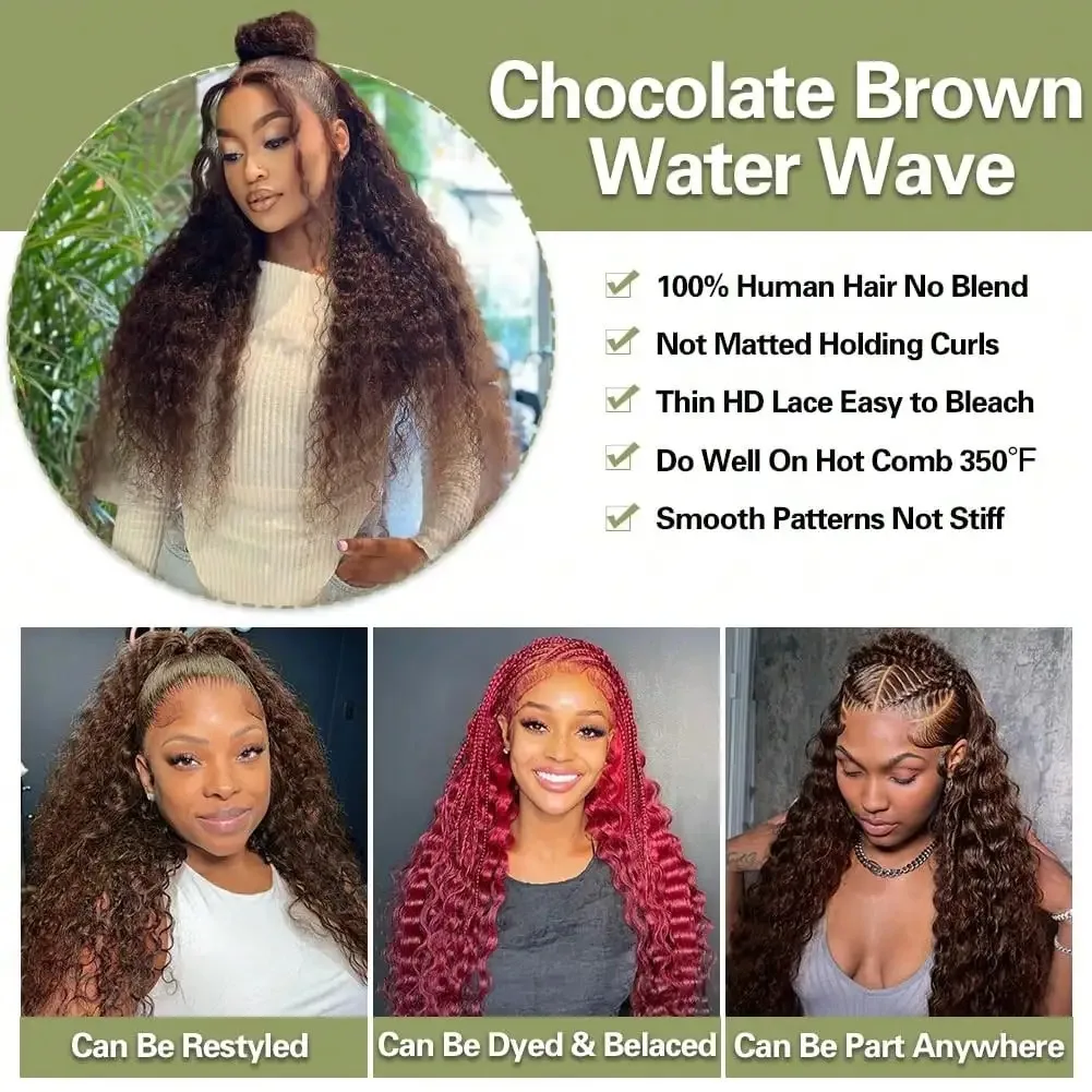 250% Density 13x6 HD Chocolate Brown Deep Curly lace front wigs Pre Plucked Real Water Wave HD Lace Front Wigs Human Hair 24inch image 5