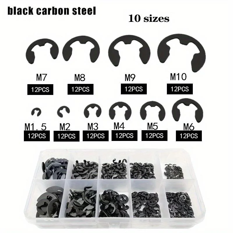 120PCS Black Steel Retaining Circlip Set Snap Ring E-Clip Washer Assortment for Shaft Fastener M1.5-M10