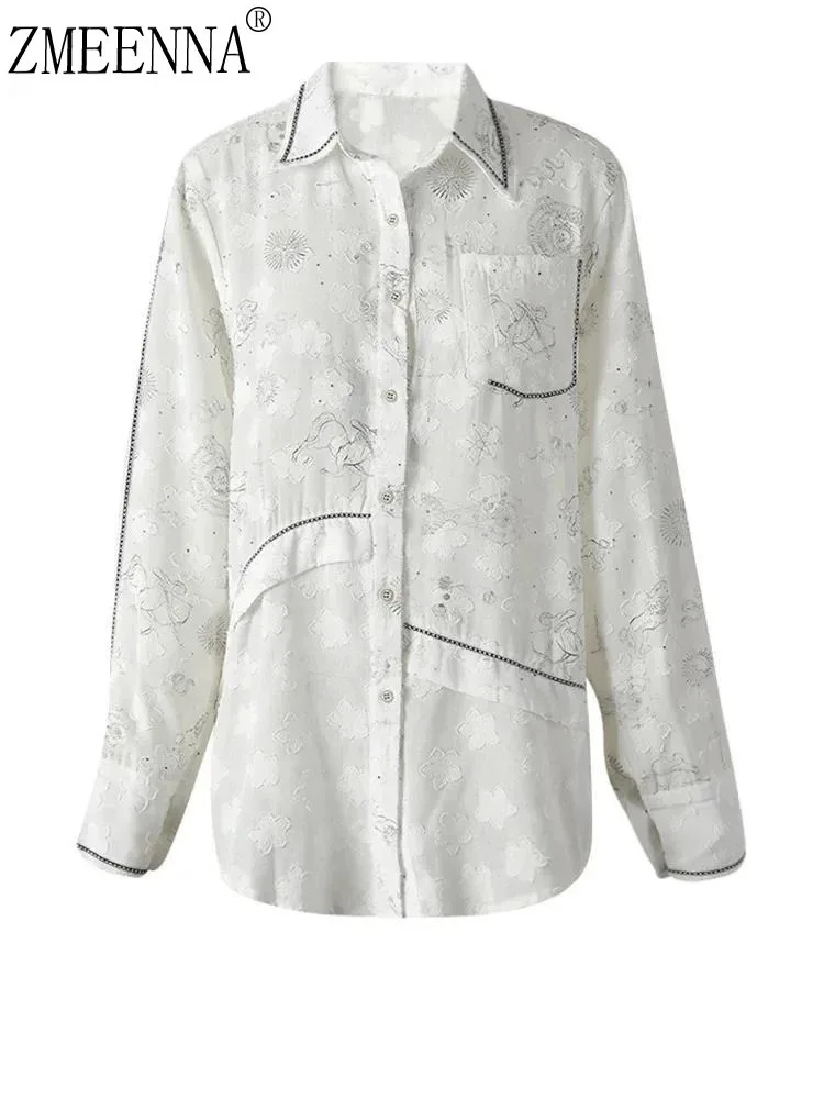 

ZMEENNA Women's White Embroidered Long Sleeve Button Down Shirt With Contrast Piping Asymmetrical Design Textured Casual ZM3289