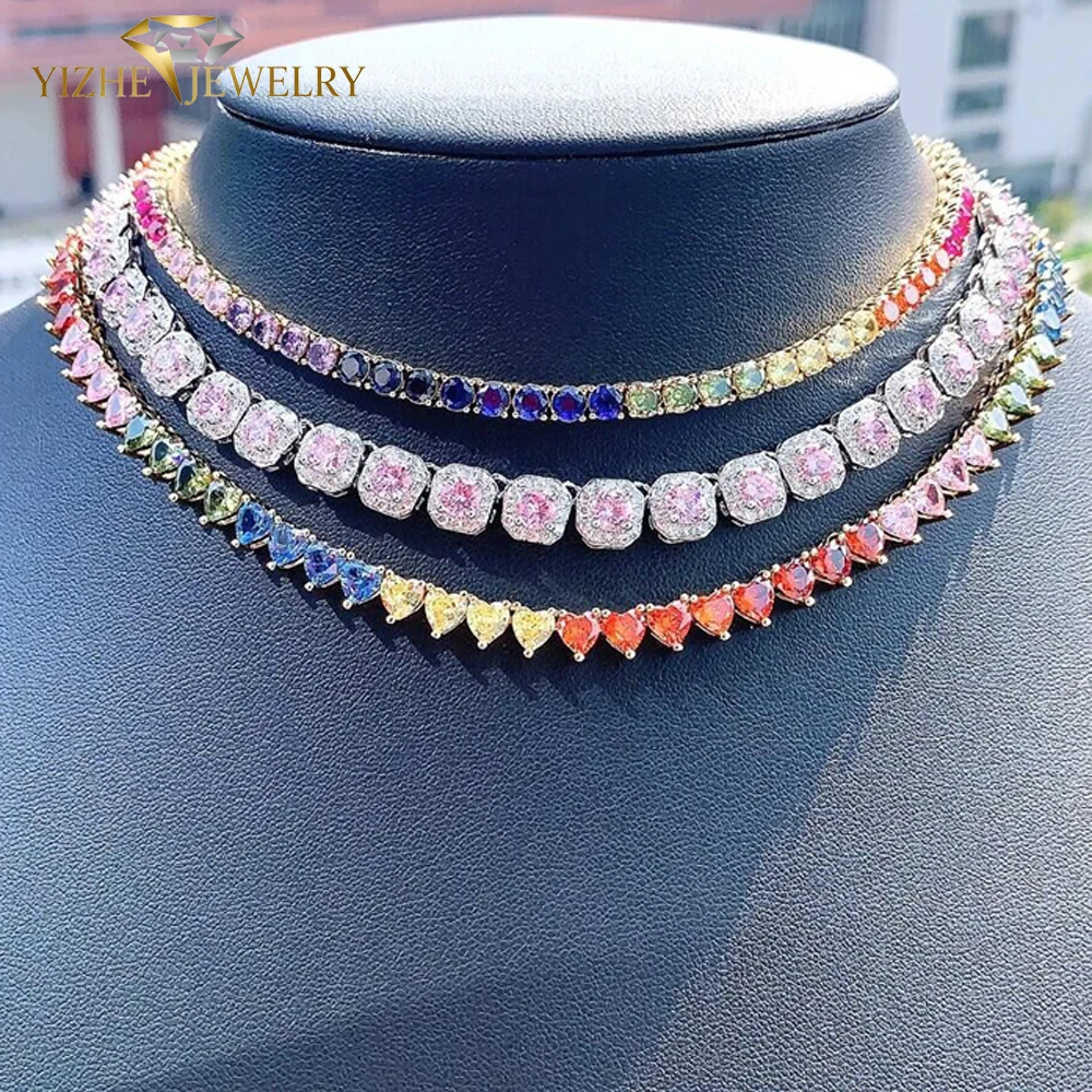 Classics Rainbow Heart Round CZ Tennis Chain Necklace For Women Fashion Gold Color Iced Out Bling Colorful Choker Jewelry