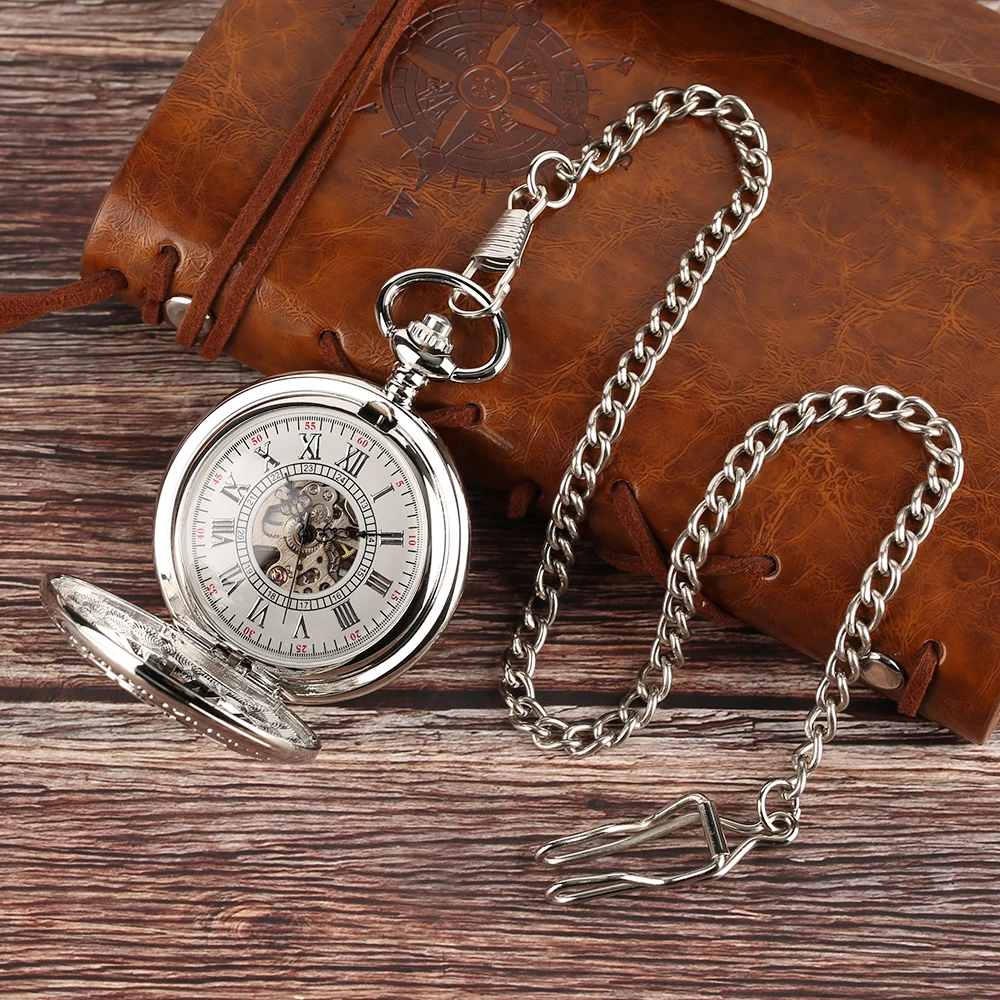 Vintage Half Hunter Silver Manual Mechanical Pocket Watch with 30 cm Pocket Chain Hollow Gearwheel Pendant Pocket Clock Gift Men