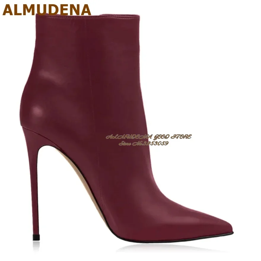 ALMUDENA Wine Red Matte Leather Stiletto Heel Ankle Boots Pointed Toe Zipped Short Booties 12Cm Sky High Heel Banquet Shoes