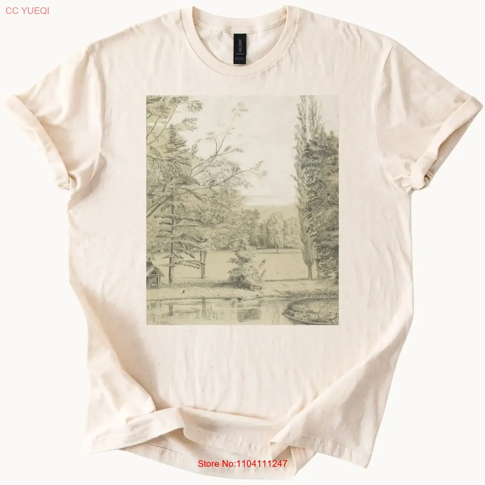 Forest Lake Drawing Trees Pastoral Art T Shirt Nature Scenery vintage Washed graphic Stretched Breathable homme Soft streetwear