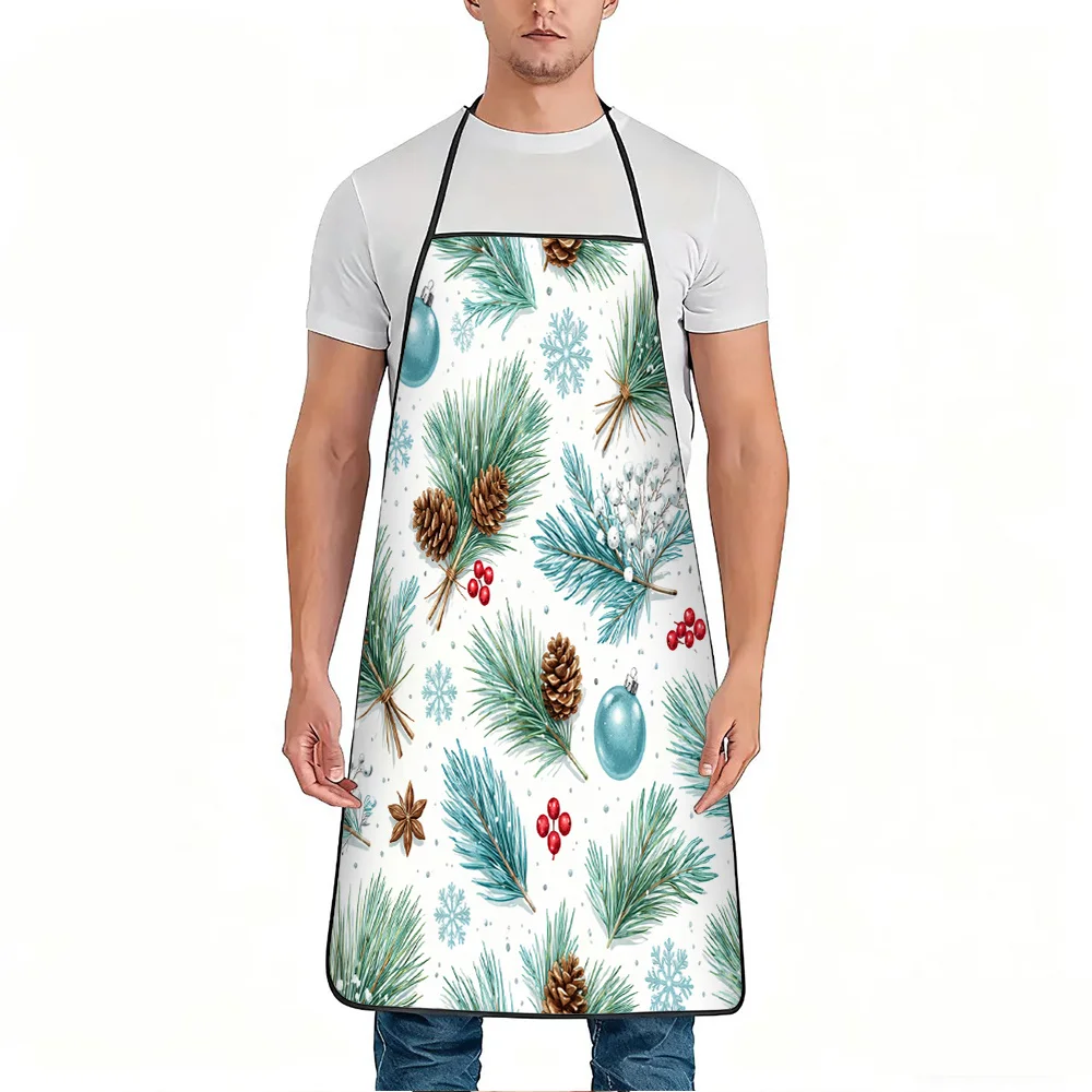1pc Pine Cones Snowflakes Christmas Berries Print Apron, Durable and Easy to Clean, Adjustable Waistband, Polyester Material