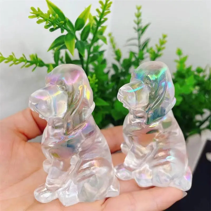 

Natural Aura Melting Crystal Quartz Dog Carving Animal Figurine Healing Reiki Gemstone Crafts For Christmas Gift 1pcs