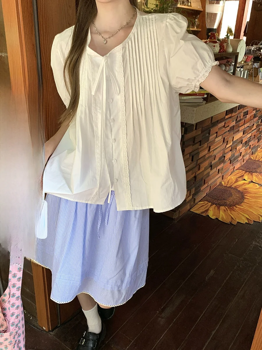 

Holli Sweet Fene Blouse Ruffle Tie Bubble Sve Women's irt 2025 New Sle French Sle Loose Fit ort Sve round...
