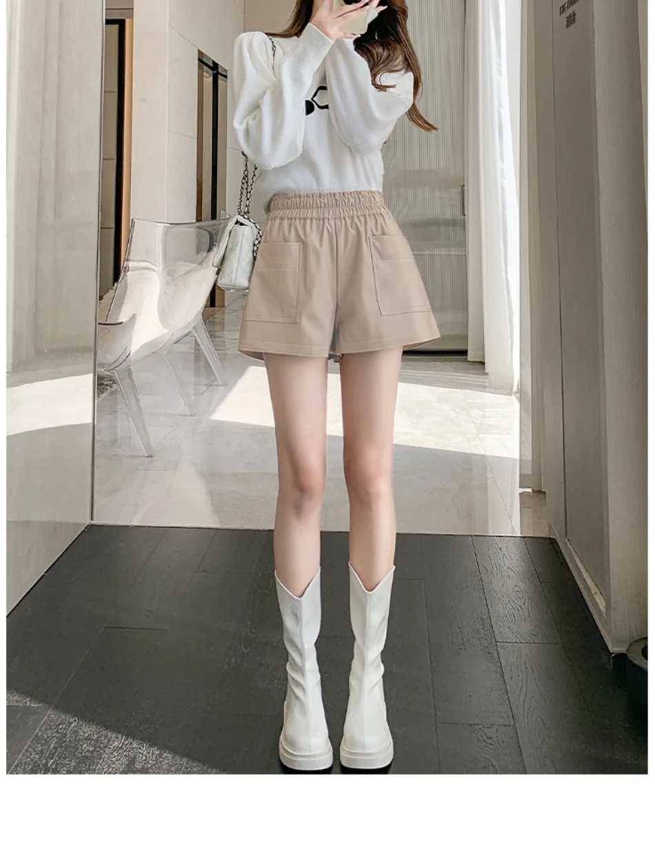 Herbst-Winter Koreanische Lose High-Street Schwarze Sexy Damen-Shorts mit Hoher Taille, Schnürung und Weitem Bein aus Leder – Detail 11