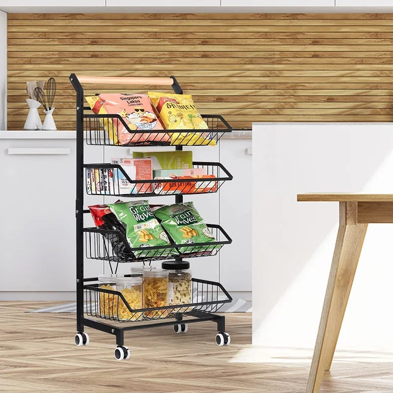 4 Tier Fruit Vegetable Storage Basket Rolling Cart with Handle and Wheels, Black kitchen island table