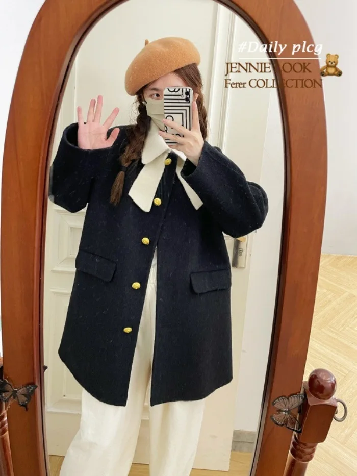 

Women's Elegant Bow Collar Long Sleeve Wool Coat Lady Auumn Winter Chic Streetwear Single Breasted Loose Wool Outwear Top